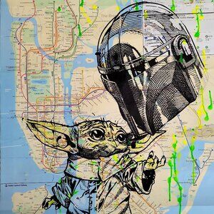 Handpainted Star Wars Mandalorian & Baby Yoda Grogu Acrylic paint on NYC Map